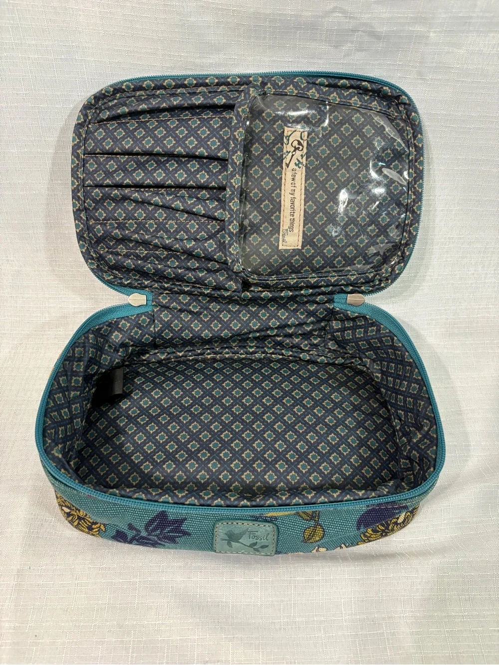 Fossil Teal Floral Zip Cosmetic Case